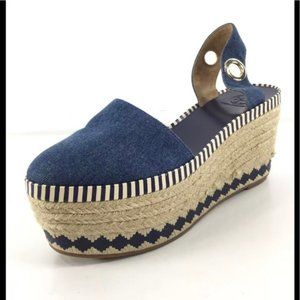 Tory Burch Blue Denim Dandy Ankle Wrap Espadrille Wedge Sandals Sz 8